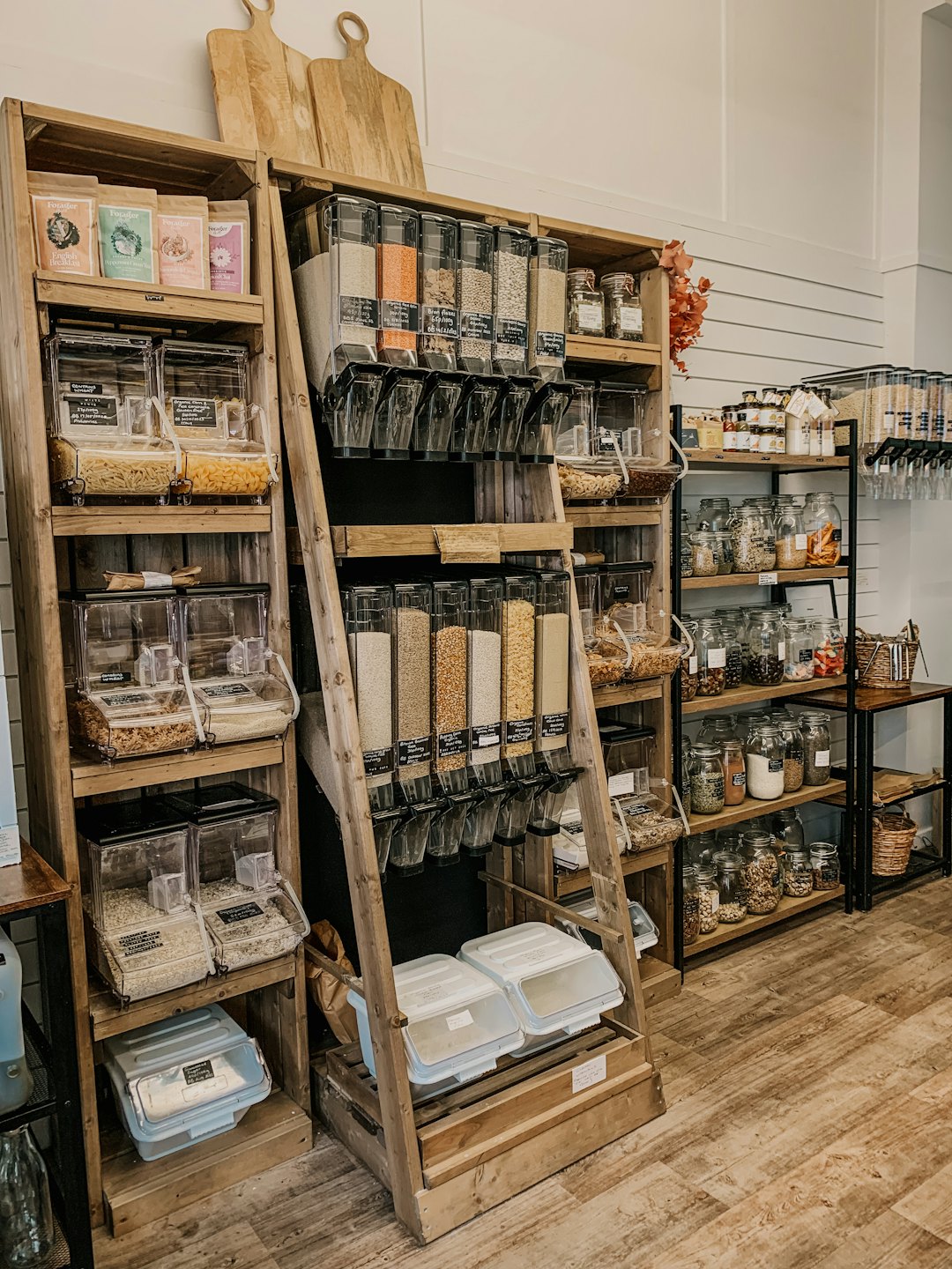 Forager grocery store shelves filled with dry food dispensers.
